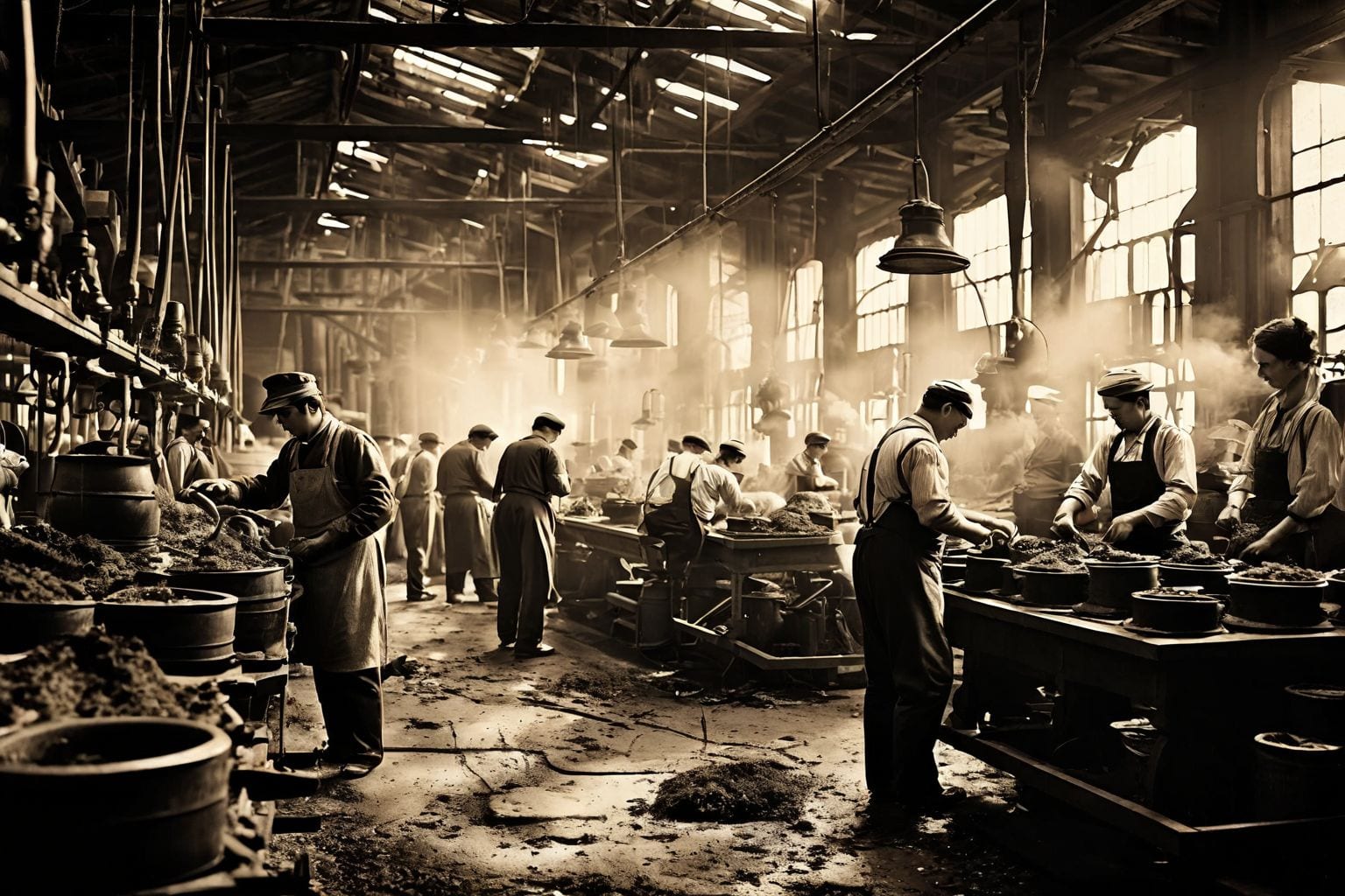Ein altes Foto einer historischen Snus-Fabrik, das Vintage-Maschinen und Arbeiter zeigt, in Sepiatönen, um ein Gefühl der Vergangenheit hervorzurufen.