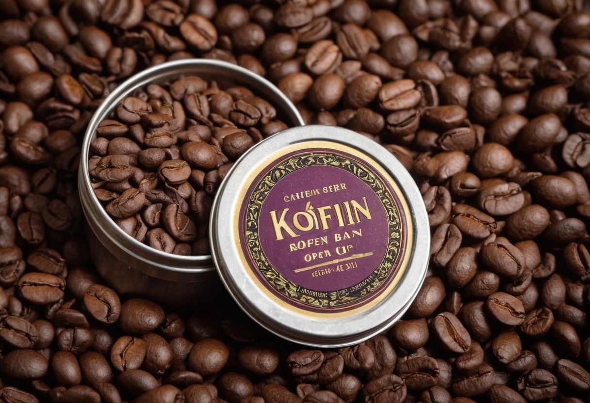 Eine Dose Koffein-Snus, geöffnet vor einem Kaffeebohnen-Hintergrund, betont den Koffeingehalt in einer detailreichen Nahaufnahme.